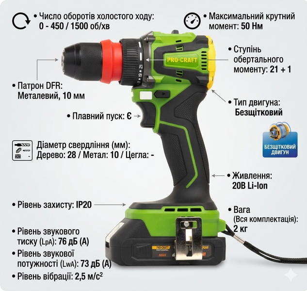 Шуруповерт безщітковий Procraft PA20Li DFR 20В 50 Нм 2 швидкості з АКБ і ЗП 000209 фото