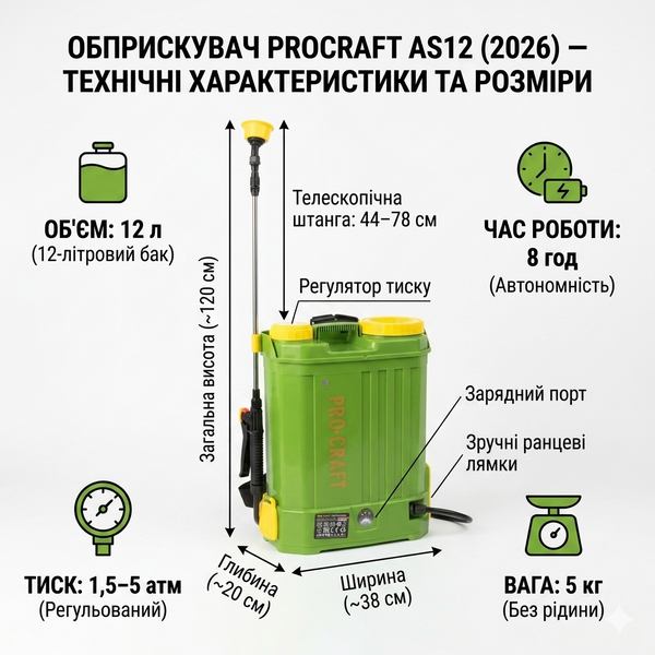Акумуляторний обприскувач на 12л: 8 годин автономної роботи та 6 насадок у комплекті 001203 фото
